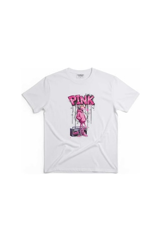 Pembe Panter Baskılı Oversize Erkek Pamuklu T-shirt Beyaz