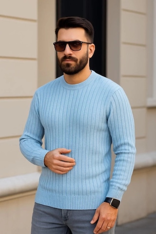 Erkek Bisiklet Yuvarlak Yaka Triko Kazak Pamuklu Kalın Fitilli Dokuma, Regular Fit Uzun Kollu Kışlık Bebe Mavisi