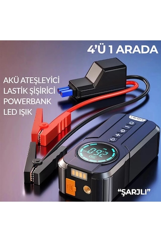 Taşınabilir Şarjlı Jump Starter - Akü Takviyesi + Lastik Şişirici + Powerbank + Led Işık Hepsi Bir A