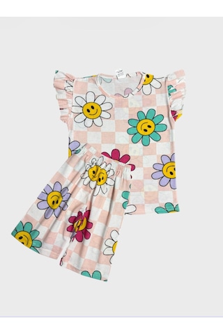 Aliş Kids Kız Çocuk Pamuklu Yavruağzı Papatya Çiçek Desenli Kısa Kollu Şortlu Yazlık Pijama Takımı