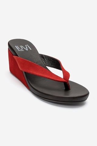 Luvi Shoes Pryon Kırmızı Süet Hakiki Deri Kadın Parmak Arası Dolgu Topuklu Terlik