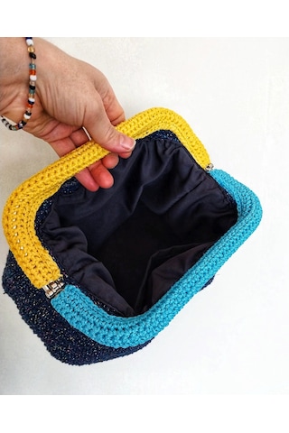Parlak Tutmalı El Çantaları , El Yapımı Işıltılı Clutch, Örgü El Çantası Lacivert