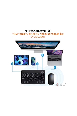 Novstrap Samsung Uyumlu Galaxy Tab A11 Plus İle Türkçe Q Bluetooth Klavye Mouse Seti Şarjlı Optik