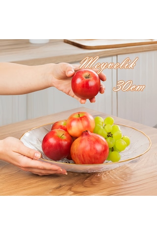 Porsima 30579 Kostanay Altın Yaldızlı Cam Meyvelik Sunumluk 30 Cm