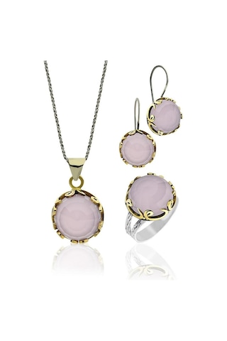 Pembe Kuvars Taşlı Vav Harfi Motifli Otantik Gümüş Kadın Set Rs10127