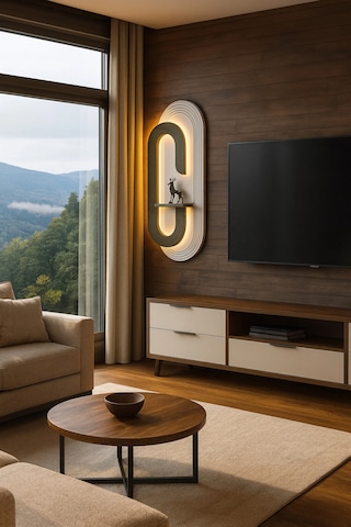 Lüks Modern Led Duvar Dekoru Raflı Tasarım Uzaktan Kumandalı Ambiyans Işığı 110x46 Kahverengi