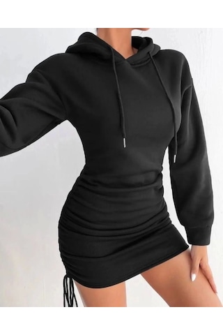 3 İplik Şardonlu Kapşonlu Elbise Siyah Siyah