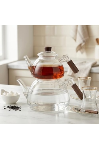 1800 Ml + 550 Ml Akasya Cam Çaydanlık Takımı - Ahşap Kulplu, Isıya Dayanıklı Borosilikat Şeffaf Çaydanlık, Yaylı Süzgeçli Şık Lüks Tasarım 1