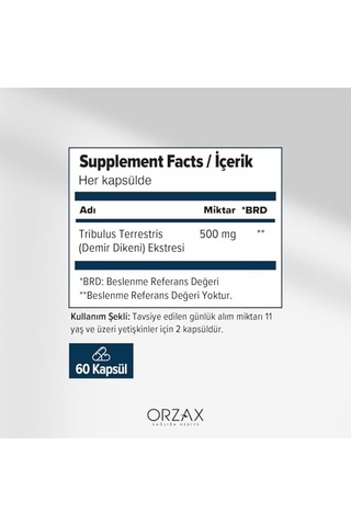 Orzax Tribulus Terrestris 500 Mg 60 Kapsül
