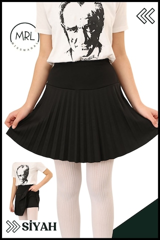 Kız Çocuk Pileli Siyah Etek Yüksek Bel İçi Şortlu Likra Kumaş Okul-oyun-spor-etkinlik Eteği 4103 Siyah