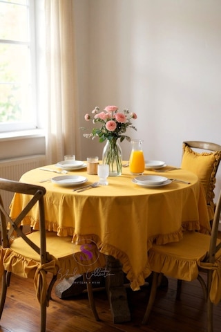 Hardal Renk El Yapımı Buldan Yıkanmıs Keten 4 Tarafı Fırfırlı Sandalye Minderi Hardal