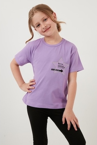 Lela Baskılı Bisiklet Yaka Pamuklu Kız Çocuk T Shirt 6211046 Lila