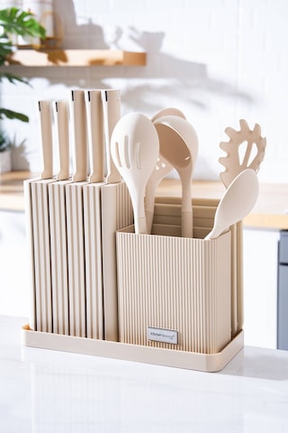 Cooper 14 Parça Standlı Kesme Tahtası Servis Ve Bıçak Seti Krem