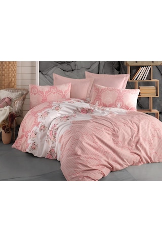 Çift Kişilik Çarşaflı Nevresim Takımı Pamuklu 4 Parça Desenli Açık Pembe
