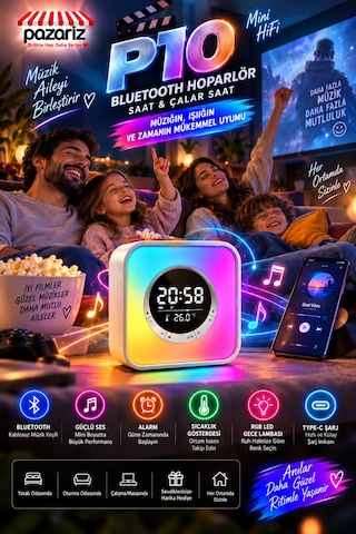 Rgb Led Bluetooth Hoparlörlü Dijital Masa Saati, Çalar Saat, Gece Lambası, Termometre, Ambiyans Işığı Ve Kablosuz Şarj Destekli Çok Fonksiyonlu Akıllı Saat P10