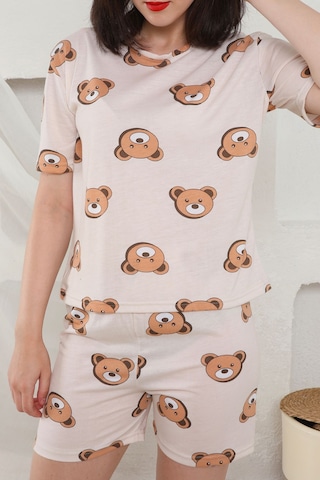 Fames Pijama Yazlık Desenli Loose Crop Şortlu Pijama Takım Krem