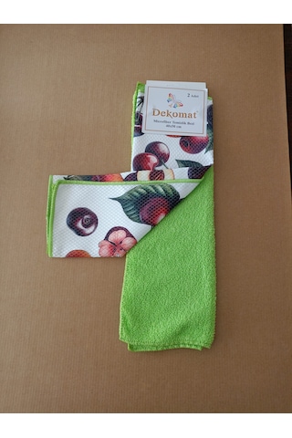 Microfiber Temizlik Bezi 40x50 Cm 2 Adet Kiraz Desen Bir Adet Baskılı Bir Adet Naturel Yeşil