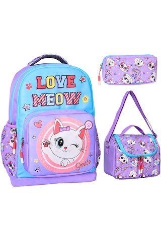 İlkokul Kedi Baskılı Lila, 3 Lü Kız Çocuk Beslenmeli Ve Kalemlikl