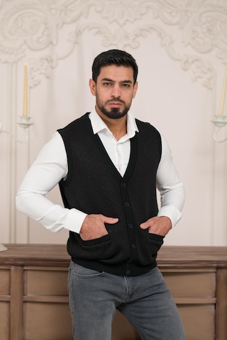 Woolen World Regular Fit Ön Cepli Desenli Kolsuz Erkek Triko Yelek Siyah