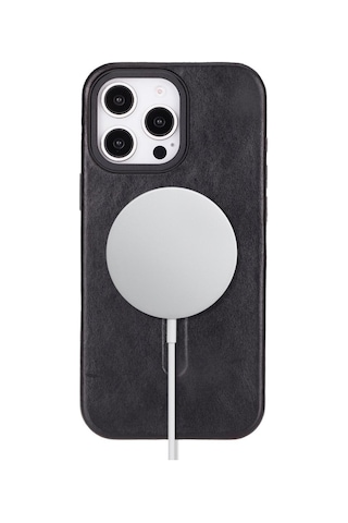 Bloomcase Aeris Obsidian Black Apple iPhone Uyumlu 16 Pro Magsafe Hakiki Deri Kılıfı Siyah