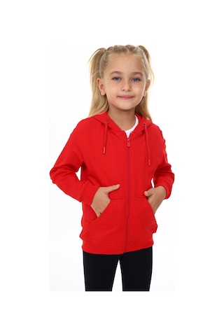 Toontoy Kız Çocuk Kapüşonlu Fermuarlı Cepli Düşük Omuz Nakış Baskılı Örme Hırka - 2 İplik Kırmızı