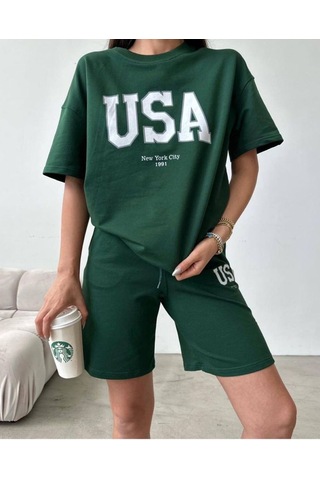Usa T-shirt Şort - Alt Üst Takım Şort Tişört Kombin Baskılı Bisiklet Yaka Yeşil