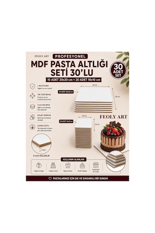 Profesyonel Mdf Pasta Altlığı Seti 30'lu 10 Adet 20x20 Cm + 20 Adet 10x10 Cm 2,7-3 Mm Tek Yüzü Beyaz Beyaz / Kahverengi