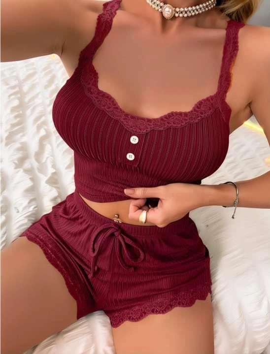 Arias Closet Bordo Dantel İşlemeli Fitilli Askılı Şortlu Pijama Takımı Bordo