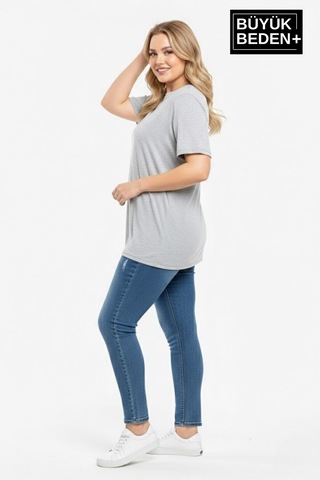 Superlife Büyük Beden Kadın Basic Bisiklet Yaka 2'li Tişört Seti Spr26btsk510+2 Grey Mel-grey Mel