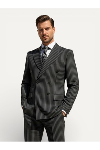 Hermose Sartorial Onyx Siyah Kruvaze Çizgili Takım Elbise