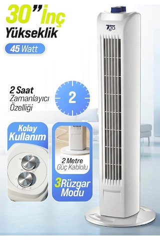 7go 7gtf1 30 İnç Kule Tipi Vantilatör / 45w Güçlü Motor, 3 Kademeli Hız, Salınımlı, Zamanlayıcılı Tower Fan