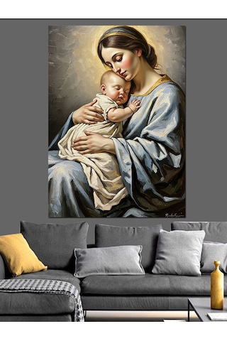Ahşap Tablo Meryem Ana Ve Bebek Çiçek Resimli Tablolar