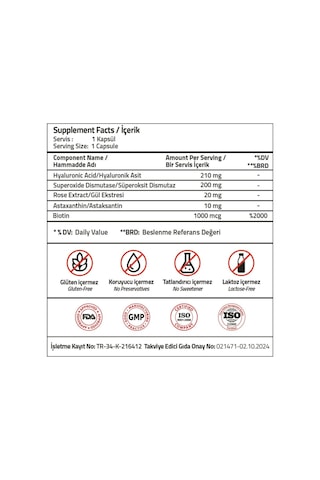 Hyaluronic Acid 210 Mg + Astaksantin 10 Mg 30 Capsules