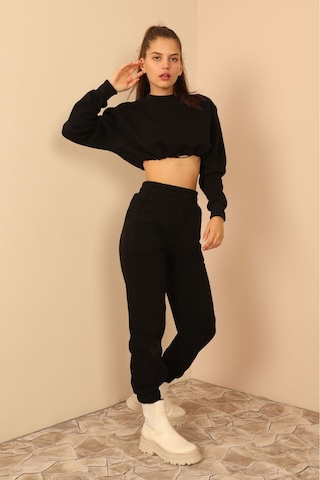 Kaktüs Moda Şardonlu 3 Iplik Kumaş Uzun Kol Kadın Sweatshirt Siya