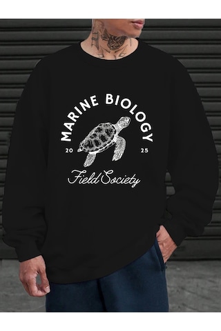 Tarzsokak Deniz Biyolojisi Kaplumbağa Baskılı Sweatshirt Erkekler İçin Bisiklet Yaka Günlük Kazaklar Po Siyah