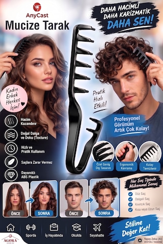 Anycast Unisex Geniş Dişli Hacim Veren Şekillendirici Mucize Saç Tarağı - French Crop Doku Ve Dalga Etkili Siyah