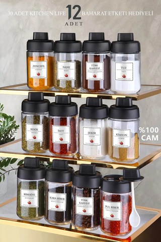 12 Adet Kapağı Kendinden Kaşıklı Cam Baharatlık Seti ŞEffaf