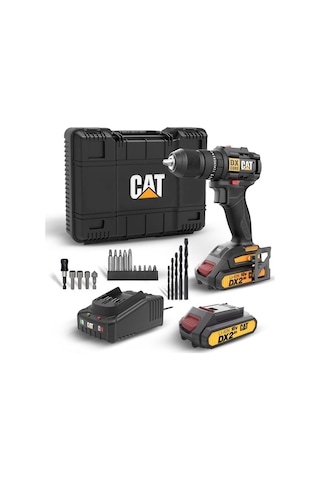 Cat DX1010.1 18V 2.0AH Li-ion Çift Akülü Kömürsüz Profesyonel Şarjlı Darbeli Matkap + 20 Parça Delme Vidalama Uç Seti