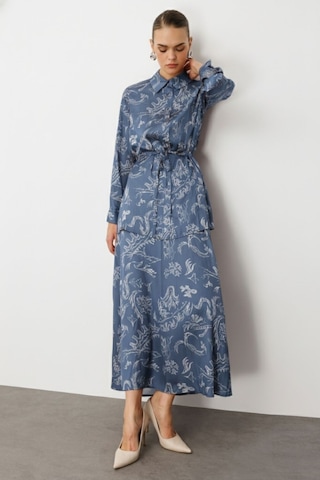 Mizalle Mavi Desenli Evaze Uzun Saten Etek Mavi