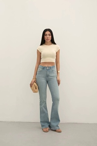 Light Blue Premium Yüksek Bel Bronz Düğmeli İspanyol Paça Jeans Light Blue