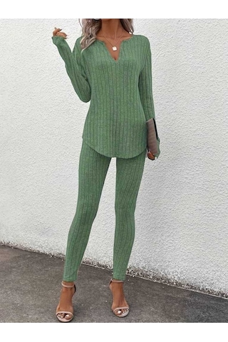 Kadın Uzun Kollu V Yakalı Bluz Alt Tayt Şardonlu Kaşkorse Ikili Takım