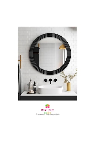 Safir Siyah Dekoratif Ayna Yuvarlak Işlemeli Duvar Aynası 43 Cm Siyah