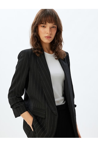 Koton Şal Yaka Blazer Ceket 3/4 Kol Kapaklı Cep Detaylı Krep Kumaş Siyah Çizgili 5wak50058uw Siyah