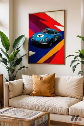 Mavi Ralli Arabası Pop Art, Ahşap Çerçeveli Duvar Tablosu - Oto Severlere Özel Hediye