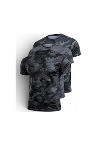 Serablanka 3'lü Erkek Nem Emici Hızlı Kuruma Atletik Teknik Kamuflaj Desenli Spor T-shirt Siyah-füme-lacivert