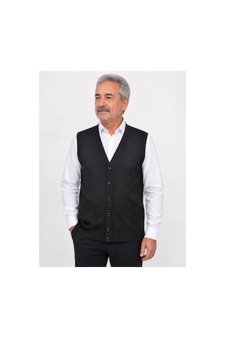 Neco Giyim Erkek Mevsimlik V Yaka Cepli Düğmeli Yünlü Düz Triko Baba Yelek Siyah Siyah