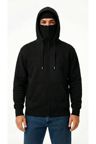 Veraura Lifestyle Samuray Ninja Çift Kapüşonlu Zıp Fermuarlı Kanguru Cepli Tam Fermuarlı Hoodie Sweatshirt - Siyah