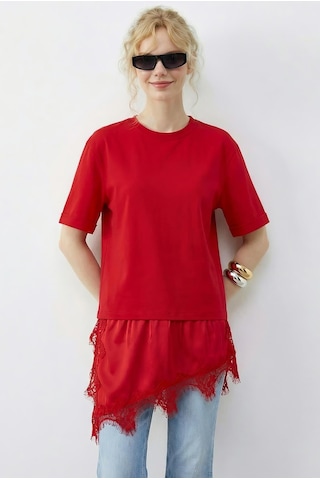 Shade Kadın Asimetrik Dantelli Etek Uclu Oversize T-shirt 8716 60283956 - Kırmızı