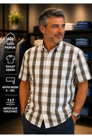 Beyome Erkek Kısa Kol Kareli Gömlek Büyük Beden Xxl-4xl %100 Pamuk Nefes Alır Yazlık Açık Kahverengi