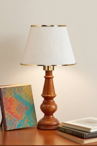 Ahşap Gövdeli Kumaş Başlıklı Dekoratif Abajur Masa Lambası Aydınlatma Lamba Krem